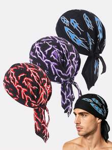 3pcs Men's Flame Pirate Bandana Headwrap Cycling Hat Suitable For Daily Use - Flame Blue/Lightning Purple/Lightning Red - View 4