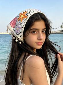 1pc Lightweight Hollow Crochet Headscarf, Bright Ocean Starfish & Shell Applique With Shell Pearl Tassel Square Scarf, Gentle & Cute Headscarf, Suitable For Summer Beach Outings, Pool & Seaside Market Outfits, Back To School Gift For Daughter - Multicolor - View 10