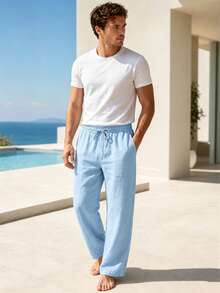 Men's Loose Straight Leg Linen Beach Pants, American Style Summer Hawaiian Casual Sporty Solid Color Versatile Long Trousers - Baby Blue - View 2