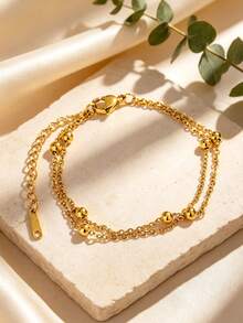 VceTd 5PCS/1PC French Gentle Style Multi-Chain Combination Stainless Steel Women's Bracelet Set, Suitable For Daily Commute Wear Or Best Friend Gathering Wear Or Holiday Gift For Girlfriend - Yellow Gold - View 6