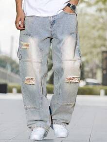 Men's Fashion Distressed Patch Embroidered Wide Leg Jeans - Champagne - View 4