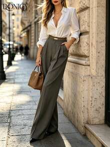 DONICY Women's Dark Grey High-Waist Pleated Wide-Leg Suit Pants, Spring/Autumn Office And Casual Wear - Grey - View 8