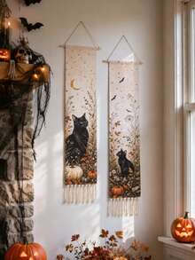 1pc/2pcs Vintage Black Cat Pumpkin Moon Bat Tassel Hanging Banner, Retro Halloween Vertical Tapestry, Spooky Farmhouse Style Autumn Wall Decor, Gothic Wildflower Scroll, Indoor Fireplace Porch Window Halloween Trick Or Treat Holiday Home Background Decoration Gift - Multicolor - View 3