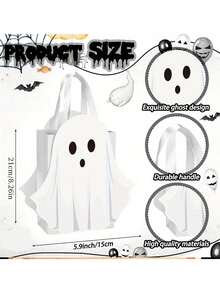 4pcs/1pc Halloween Ghost Paper Gift Bags With Handles, Candy Bags, Gift Bags, Halloween Theme Tote Bags, White Little Ghost Surprise Gift Bags, Trick Or Treat, Holiday Party Gift Bags For Family And Friends, Theme Birthday Holiday Party Supplies - Multicolor - View 6