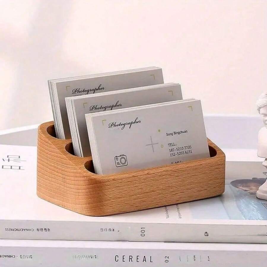 Visitenkartenhalter aus Naturholz, massives Holz, glatt und gratfrei, nordischer Stil, multifunktionaler Memo- und Kartenhalter, Handyhalter, kompakter Visitenkartenhalter für Schreibtisch, Büro, Arbeitszimmer, Empfang - A - Übersicht 1