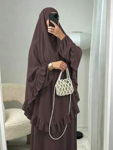 Elegant Ruffle Detail Khimari Long Robe Set, Loose Plus Size Full Length Modest Women's Clothing, Suitable For Middle Eastern Women's Daily Casual Occasions - Multicolor - View 14