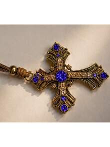 1pc Vintage Gold Cross Blue Diamond Pendant Necklace Adjustable Length - Gold - View 3