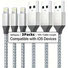 1m/2m/3 Meters Nylon Braided Charging Cable, USB-A To 8-Pin Fast Charging Data Cable Compatible With IPhone 14/13/12/11 Pro Max XR XS X/8/7/6s Plus 5s SE, IPod And Other Devices - 銀白(1 Pack) - 查看 1