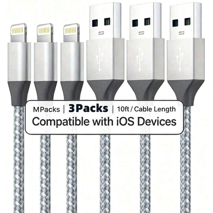 1m/2m/3 Meters Nylon Braided Charging Cable, USB-A To 8-Pin Fast Charging Data Cable Compatible With IPhone 14/13/12/11 Pro Max XR XS X/8/7/6s Plus 5s SE, IPod And Other Devices - 銀白(1 Pack) - 查看 1