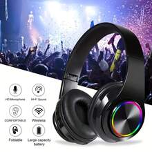 Leuchtende kabellose Over-Ear-Kopfhörer, bunte LED-Lichter, bequeme faltbare Kopfhörer mit Ohrmuscheln, integriertes Mikrofon, FM-Radio, SD-Kartenslot, kabelgebundene Verbindung, geeignet für Lernen/Tablet/Computer/TV/Handy, Geburtstags-/Jungen-/Mädchen-Geschenk, Reise-Essential - Übersicht 11