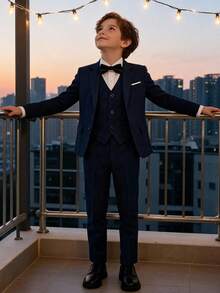 男童 5 件套正式西裝套裝，包含西裝外套、背心、百褶白襯衫、長褲、領結，適用於婚禮、生日派對、舞台表演及其他正式場合，海軍藍，6-16 歲 - 藏蓝色 - 查看 8