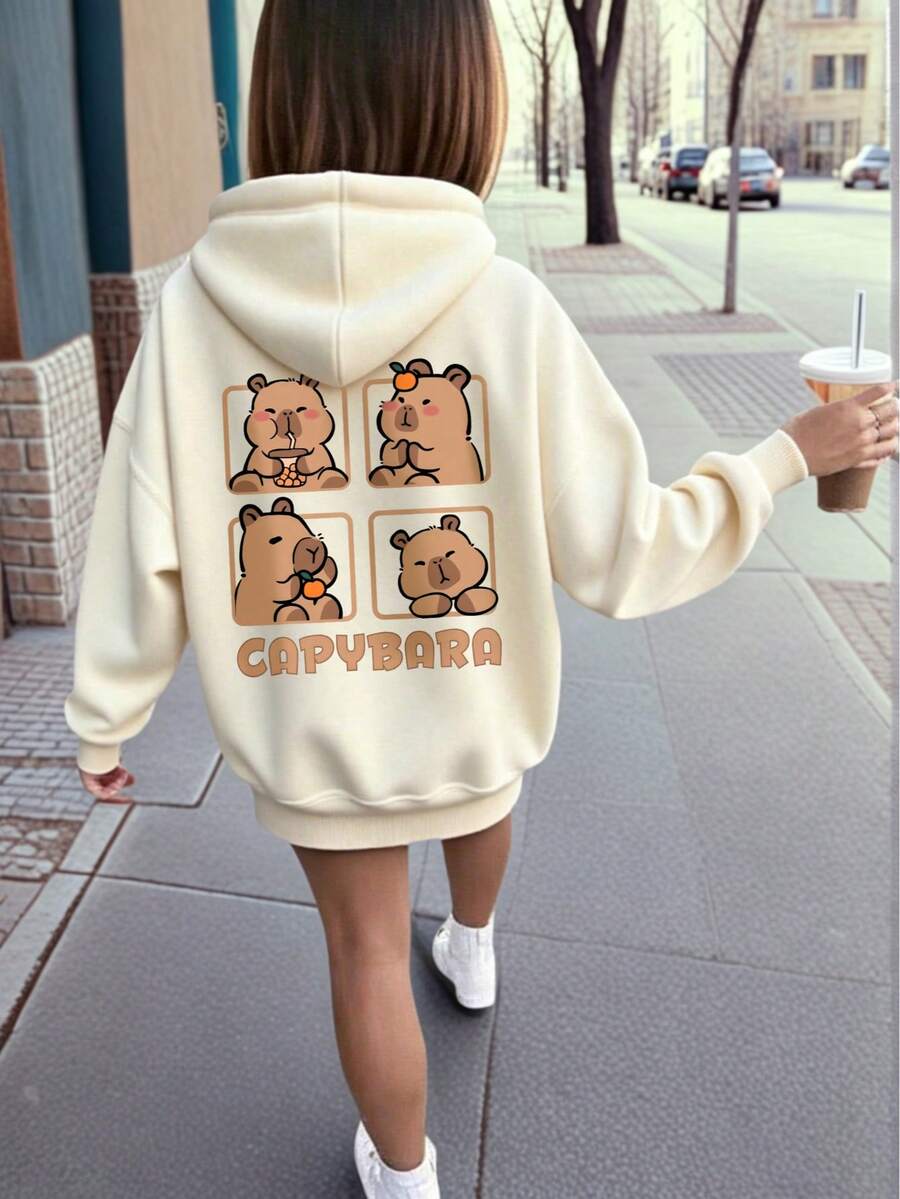 Girls Cartoon Pattern Warm Hooded Sweatshirt - Apricot - View 1