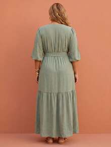 FASHION MIX PREMIUM Elegant Long Dress With Slit And Ruffle On The Hem 3/4 Puff Sleeves With V-Neckline And Tie At The Waist Women's Plus Size - 淡綠色 - 查看 5
