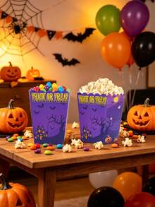 10pcs/20pcs/30pcs/50pcs Halloween Trick Or Treat Popcorn Boxes, 3.14x2.36x4.3 Inch Wavy Edge Purple Haunted House Ghost Bat Pumpkin Moon Paper Snack Containers, Candy Gift Storage Boxes, Suitable For Trick Or Treat, Movie Night, Halloween Party Favors, Holidays - Dark Purple Halloween - View 6