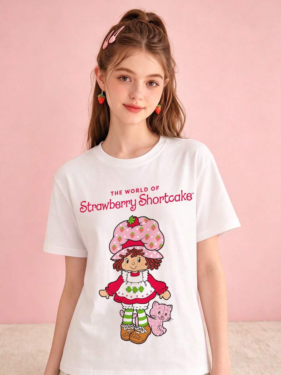 SHEIN X Strawberry Shortcake Women's Summer T-Shirt, Cute Cat Print Loose Casual Style, Suitable For Daily Sweet Girl Look White - White - View 1