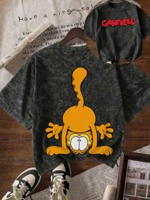 SHEIN | Garfield Áo thun nữ màu xám wash hai mặt, in hình mèo hoạt hình hài hước trồng cây chuối và chữ đỏ, tay ngắn dáng rộng, phong cách street girl mặc hàng ngày - màu đen - Xem 4