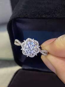 1 pieza Anillo elegante de alta gama con diseño floral, adornado con circonita cúbica y strass, para mujer, adecuado para compromiso, boda, banquete, fiesta, uso diario, regalo del Día de San Valentín - Plateado - Ver 5