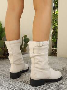 Women's Elegant Versatile Suede Buckle Round Toe Pleated Slip-On Mid-Calf Boots, Casual Wear Slip-On Round Toe Slimming Fashion Boots, Casual Fabric Wedding - Beige - View 5