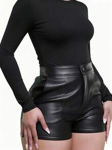 SMILE CHIC Versatile Black Elastic PU Skinny Shorts, Accommodating Design With Slant Pockets And Buttons, Suitable For Daily Wear, Parties And Dates, Suitable For All Seasons Summer - Black - View 4