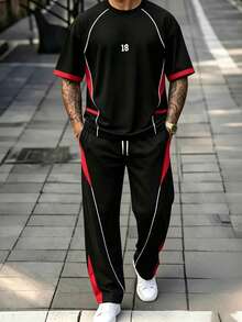 Men's Black & Red Colorblock Number 18 Print Casual Short Sleeve Shirt & Wide Leg Pants Set - Multicolor - View 2