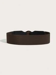 1pc Women's Basic Vintage Square Buckle Coffee Suede Elastic Waist Belt Suitable For Dresses - Coffee - View 3