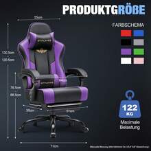 EXRACING Gaming Chair - Ergonomic Gaming Chair With Footrest, Headrest And Lumbar Support, Height Adjustable, Padded, 180 Kg - 紫色 - 查看 4