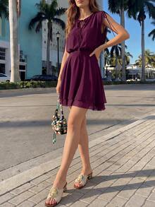 Women's Elegant Chiffon Mini Dress, Tie Neck Cold Shoulder Sleeveless High Waist Flowy A-Line Skirt, Suitable For Party And Outing - Purple - View 10