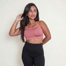 Sports Bra Top With Strappy Back, Cropped Top, Zero Transparency, With Removable Padding, Bubblegum Pink - Rose With Four Handles - View 1