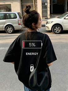 女款春夏圓領寬鬆休閒百搭簡約字母卡通短袖T恤大尺碼上衣 - 黑色 - 查看 1