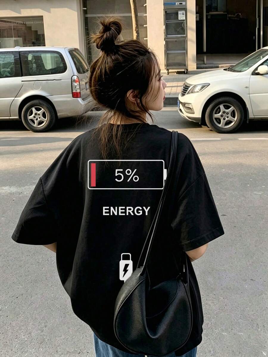 女款春夏圓領寬鬆休閒百搭簡約字母卡通短袖T恤大尺碼上衣 - 黑色 - 查看 1
