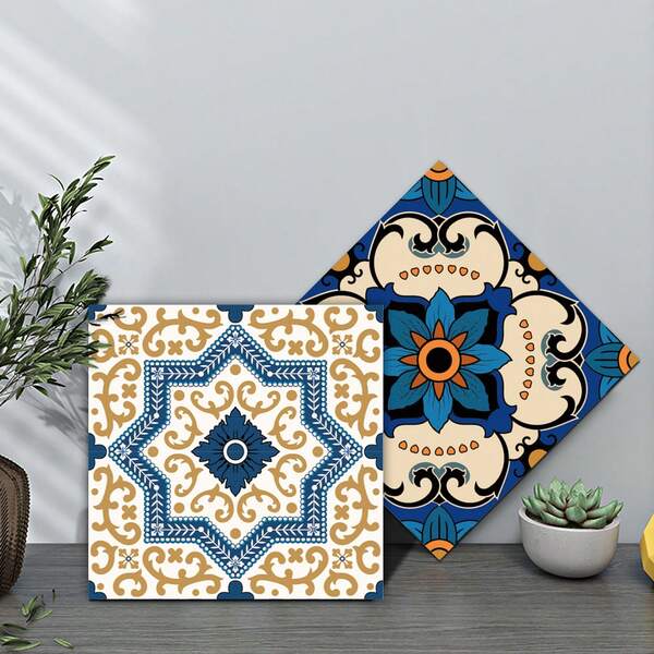 10pcs Moroccan Self-Adhesive Wall Stickers, Vintage Floral Waterproof & Oil-Proof Decals, Easy To Clean & Removable Wallpaper, Suitable For Kitchen And Bathroom Home Decor, Rental Home Wall Decoration