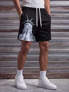 MAISONFOX Men's Street Graphic Print Casual Sports Shorts,With Statue Of Liberty Print, Baggy Pants Men,Drawstring And Pockets, Suitable For Spring And Summer - Black - View 1