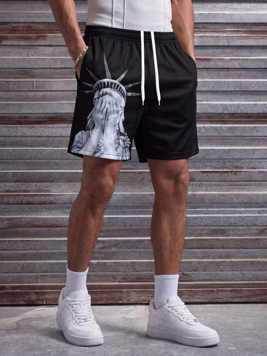 MAISONFOX Men's Street Graphic Print Casual Sports Shorts,With Statue Of Liberty Print, Baggy Pants Men,Drawstring And Pockets, Suitable For Spring And Summer - Black - View 1