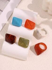 6pcs/Set Colorful Versatile Personalized Fashion Geometric Minimalist Wide Exaggerated Resin Rings Set For Women Daily Wear Holiday Party Jewelry - Multicolor - View 6