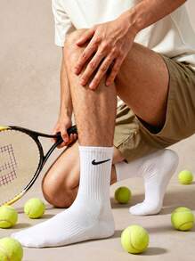 Courvante 6 Pairs Men's White Solid Color Mid-Calf Socks, Versatile And Breathable, With Ribbed, For Golf Tennis Sport & Boyfriend - White - View 5