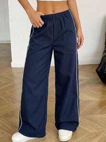 1 pieza Pantalones de pierna recta simples, casuales y versátiles para niña preadolescente, para ejercicio, exterior, primavera, verano, otoño, invierno, regreso a la escuela - Azul Marino - Ver 4