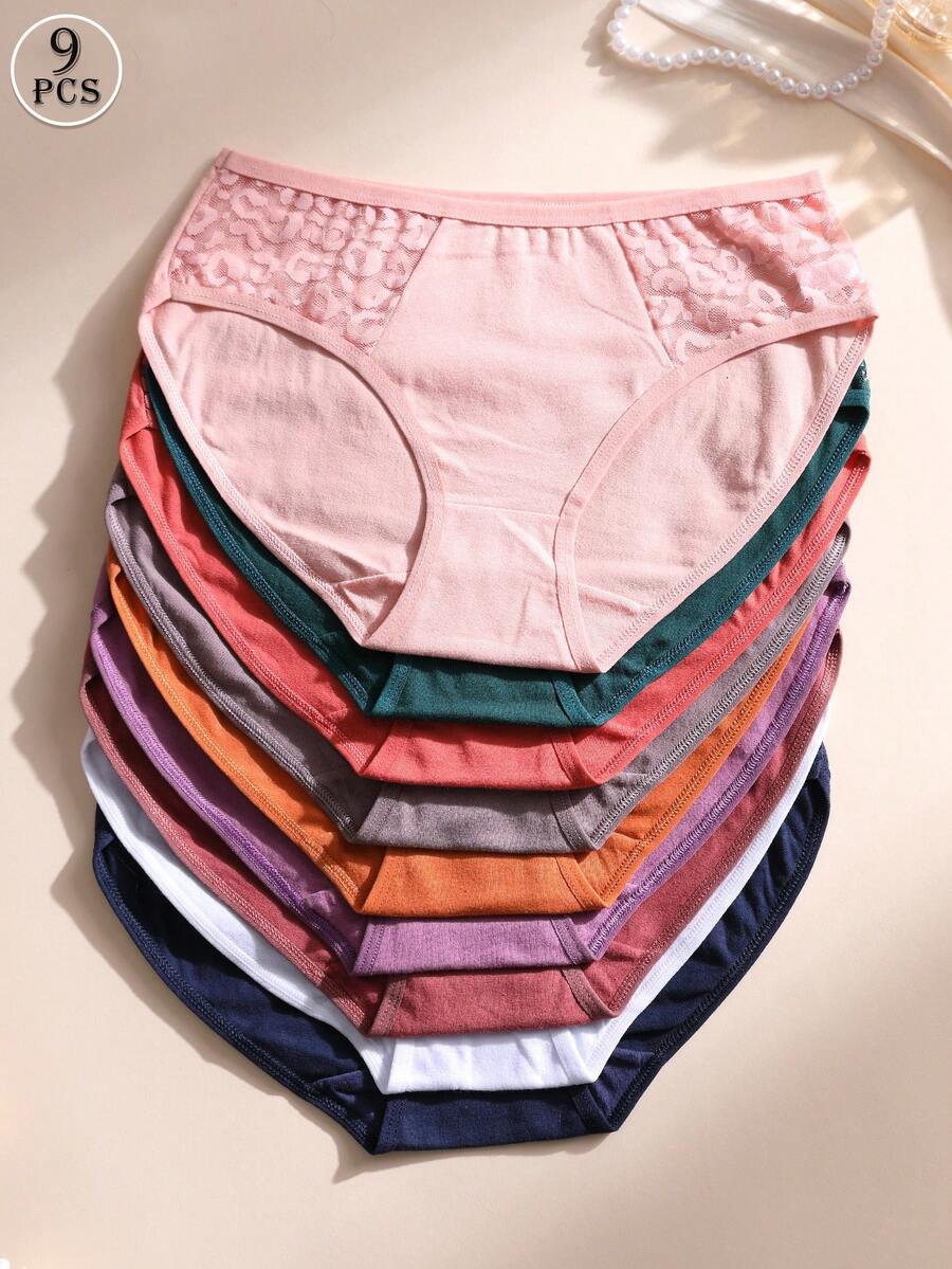9件組女款性感蕾絲拼接內褲，純色棉質三角內褲，無縫舒適運動內著