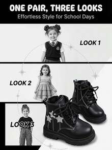 Girls' Star Pattern Thermal-Lined Boots, New Autumn/Winter British Style Soft Sole Anti-Slip Ankle Boots, Baby Toddler Warm Boots With Side Zipper Design For Easy On/Off, Versatile Wear-Resistant For Daily And Outdoor Use - Black - View 1