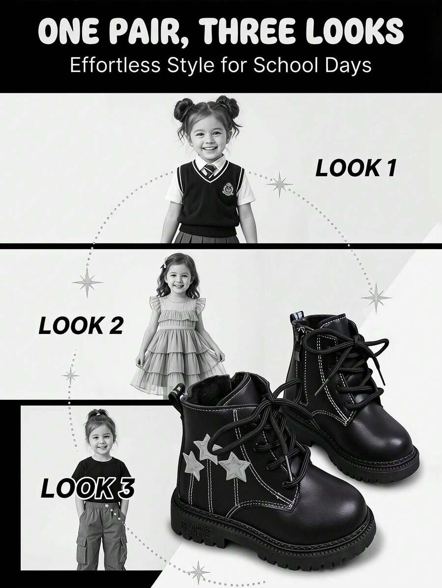 Girls' Star Pattern Thermal-Lined Boots, New Autumn/Winter British Style Soft Sole Anti-Slip Ankle Boots, Baby Toddler Warm Boots With Side Zipper Design For Easy On/Off, Versatile Wear-Resistant For Daily And Outdoor Use - Black - View 1