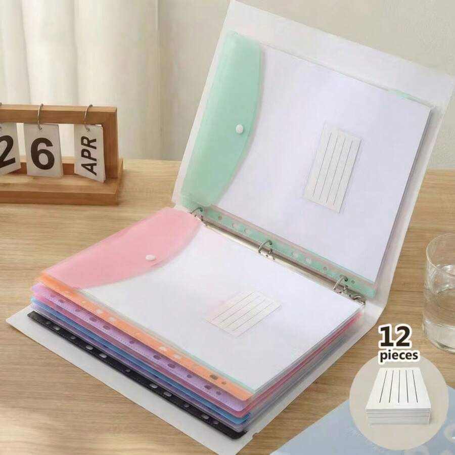 12pcs Colorful A4 Plastic File Folders, Expandable Folders With Button 11-Ring Binder Pockets, Visible File Labels, Moisture-Proof Material, Exam Papers, Office Documents, Resumes, Paper Storage,Back To School Season - Multicolor - View 1