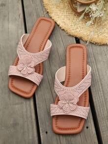 Sandalias planas tipo slide para mujer con decoración floral de strass, punta cuadrada, punta abierta, de meter sin cordones, chanclas de moda para playa de verano - Rosa - Ver 6
