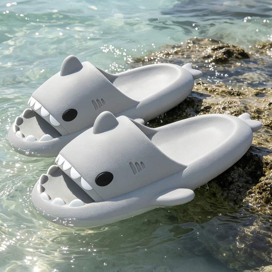 Shark Slippers Summer Adult Couple Slippers Indoor Outdoor Funny Home Cute Cartoon Non-Slip Cool Slides - Grey - View 1