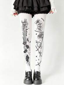 1 Pair Rose Chain Floral Print Plus Size Pantyhose, Sexy Cute Elegant Sweet Romantic, Suitable For Spring/Autumn Date Night And Daily Wear - Multicolor - View 6