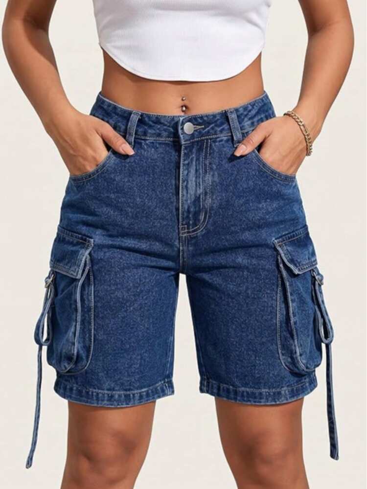Vintage Street Style Mid-Rise Flap Pocket Detailed Bermuda Wide Leg Denim Shorts, Comfortable Casual Summer - Dark Wash - View 1