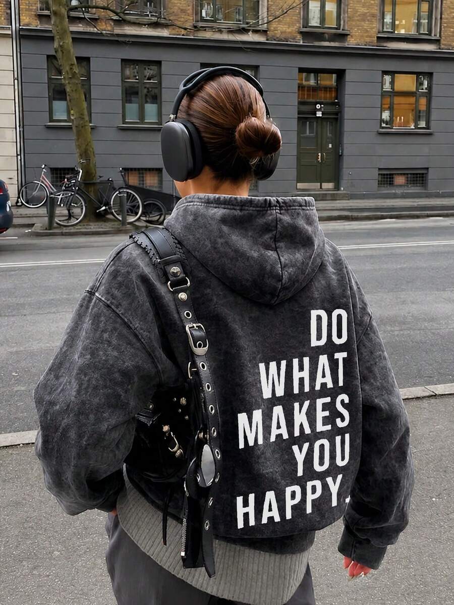 秋冬新款女款極簡時尚字母印花連帽保暖內裡衛衣,百搭街頭休閒,黑色紮染衛衣 - 黑色 - 查看 1