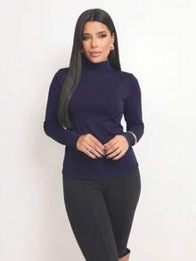 Basic Polyamide Blouse, Long Sleeves With Thumb Loops, High Neck. Second Skin, Plus Size/Slim. - 藏蓝色 - 查看 5