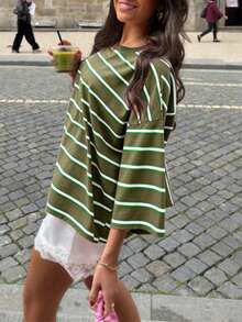 Women's Striped Round Neck Casual Loose Drop Shoulder Top With Back Tie, Regular Length, Comfortable For Daily Wear - Green - View 7
