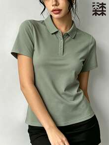 mulinsen 女款純色 Polo 領短袖襯衫，休閒運動日常夏季上衣 - 軍綠色 - 查看 7