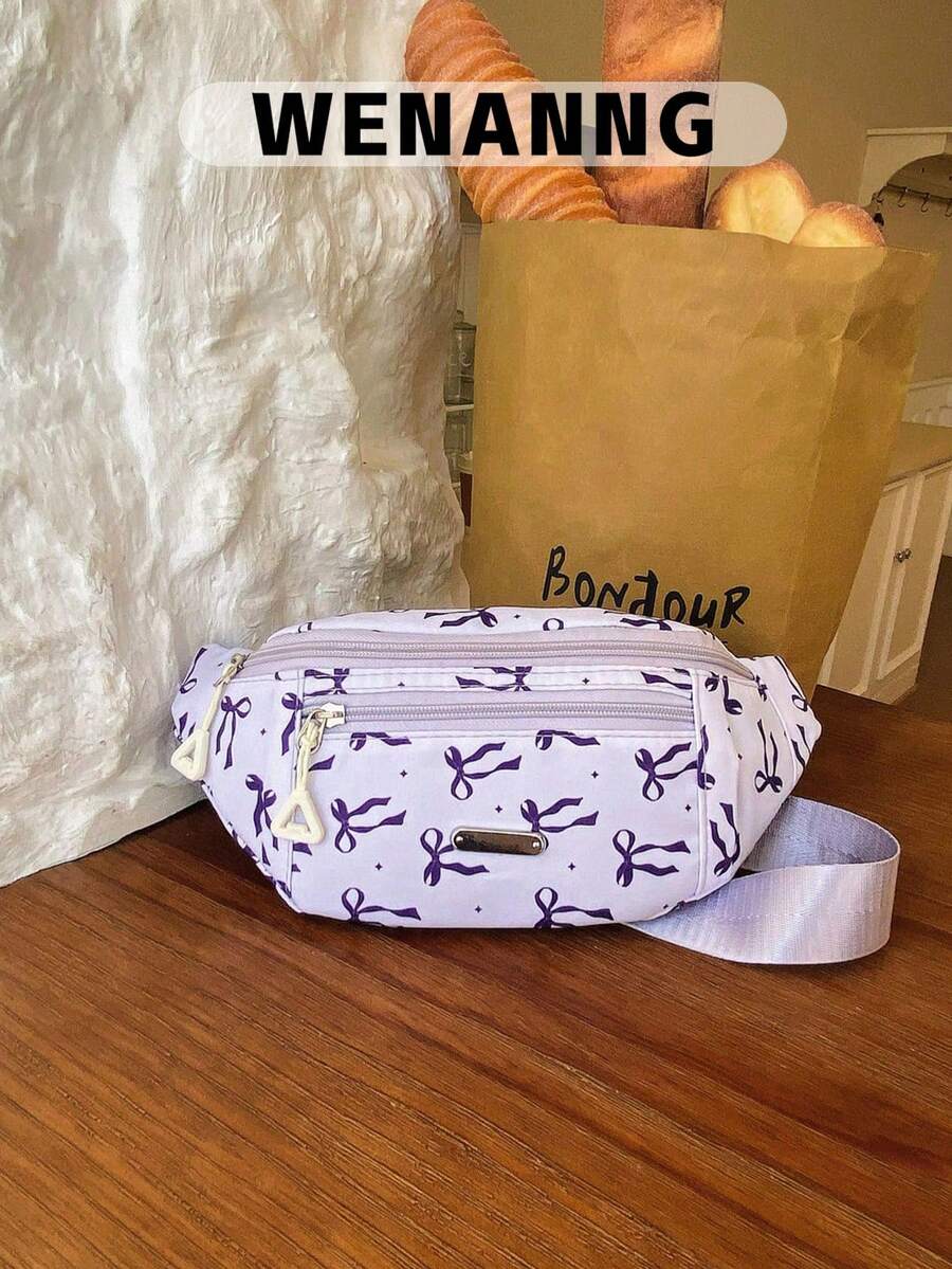 1pc Bowknot Print Chest Bag, Multifunctional Waist Bag Belt Bag, Lightweight Waist Bag, Adjustable Shoulder Strap Crossbody Bag, Large Capacity Multi-Pocket One Shoulder Bag, Suitable For Students/Girls/Young People, Applicable For Fitness Running Travel Hiking Jogging Shopping Outdoor Sports Daily Use