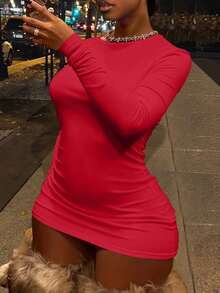 LovelyWholesale Women's Casual Round Neck Long Sleeve Solid Color Mini Fashion Dress For Summer - Red - View 1